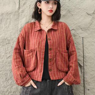 复古风洋气外套2025秋上新棉麻短款 上衣 外套条纹纽扣女装