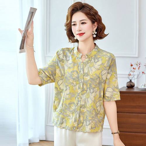 夏季新款妈妈装新中式七分袖衬衫女洋气中老年气质开衫T恤小衫