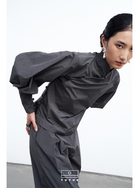 TUYUE涂月 东方美学 灰色立领盘扣泡泡袖 短款上衣