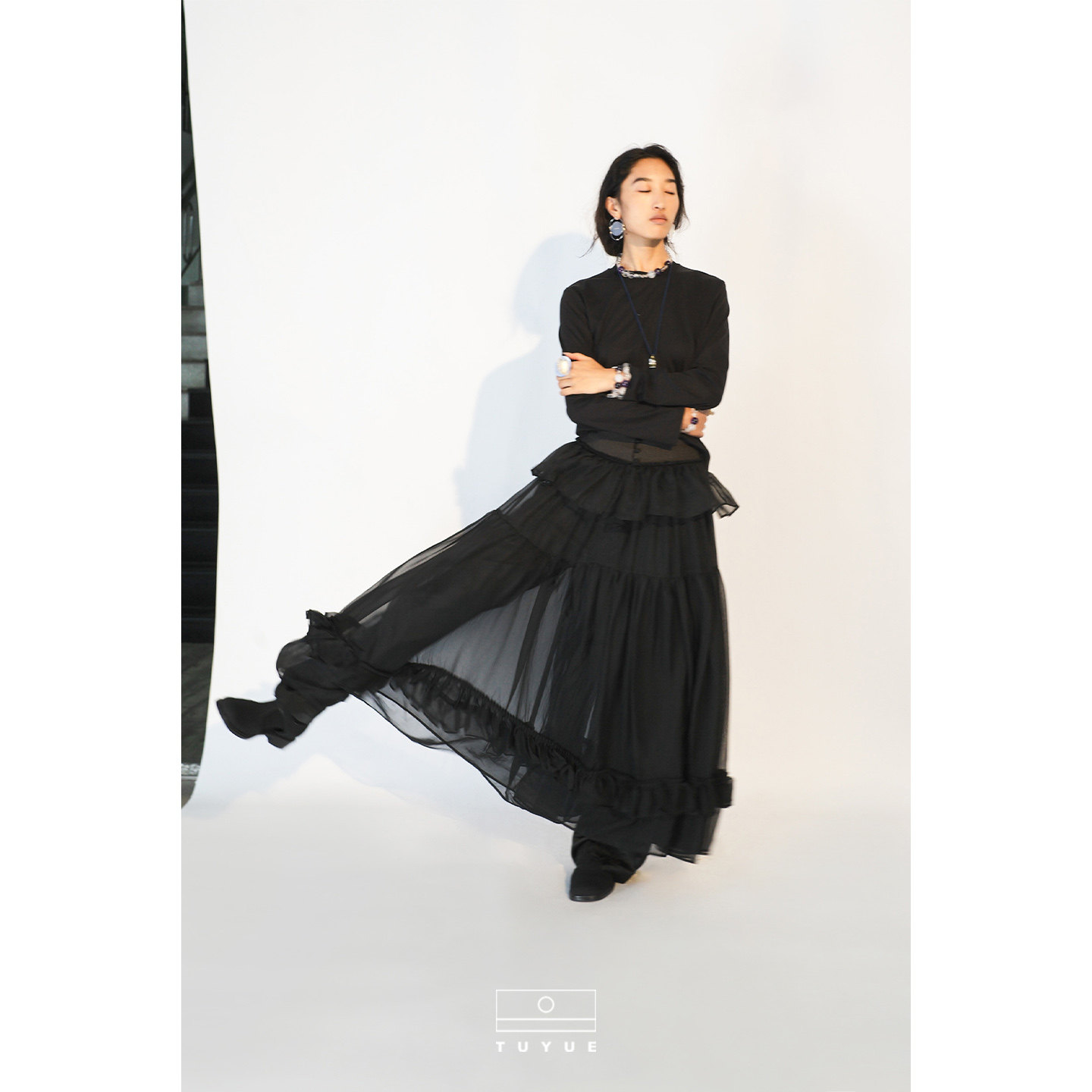 TUYUE涂月 可持续时尚 薄纱礼服 黑色荷叶边半身长裙,女装/女士精品,半身裙,淘宝优惠券,粉丝福利购,淘宝优惠卷