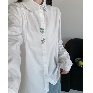 纯棉百搭减龄上衣防晒衫 打底衬衣 女长袖 学院风蘑菇刺绣小翻领衬衫