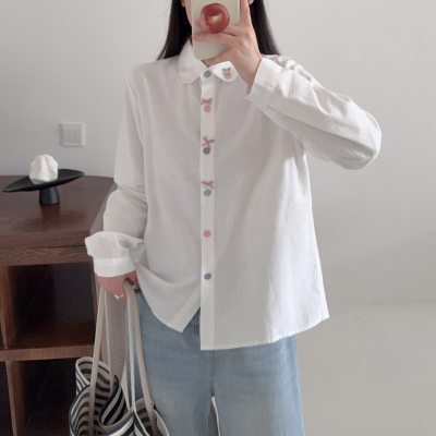 学院风刺绣小熊夹白衬衫女纯棉磨毛棉长袖宽松百搭加厚衬衣上衣