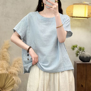 圆领小衫 T恤女宽松显瘦刺绣上衣百搭衬衫 文艺复古双层棉纱短袖