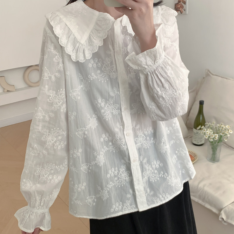 2025春季韩版重工荷叶边蕾丝娃娃领纯棉衬衫女长袖百搭刺绣打底衫