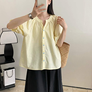 女宽松百搭显瘦亚麻小衫 上衣显白衬衣 衬衫 日系文艺风圆领短袖