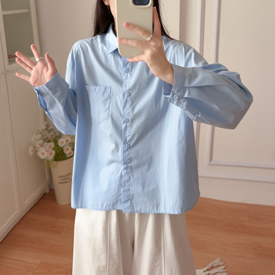 春秋纯色长袖衬衫女小个子宽松休闲衫防晒薄外套叠穿纯棉打底衬衣