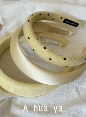 韩系时尚甜美温柔浅黄色鹅黄色缎面海绵发箍黑色波点法式清新头箍