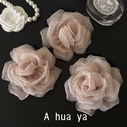 超仙甜美杏粉色欧根纱玫瑰花发圈