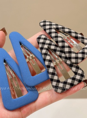 AhuaAhuaya时尚气质蓝色布艺三角BB夹黑白格纹百搭韩版发夹边夹