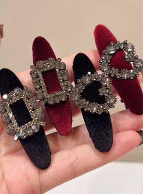 法式复古优雅灰色爱心水钻鸭嘴夹高级感韩系酒红色金丝绒发夹边夹