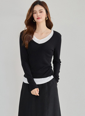 秋新二层肌肤羊毛假两件修身显瘦莫代尔V领打底衫毛衣女18642