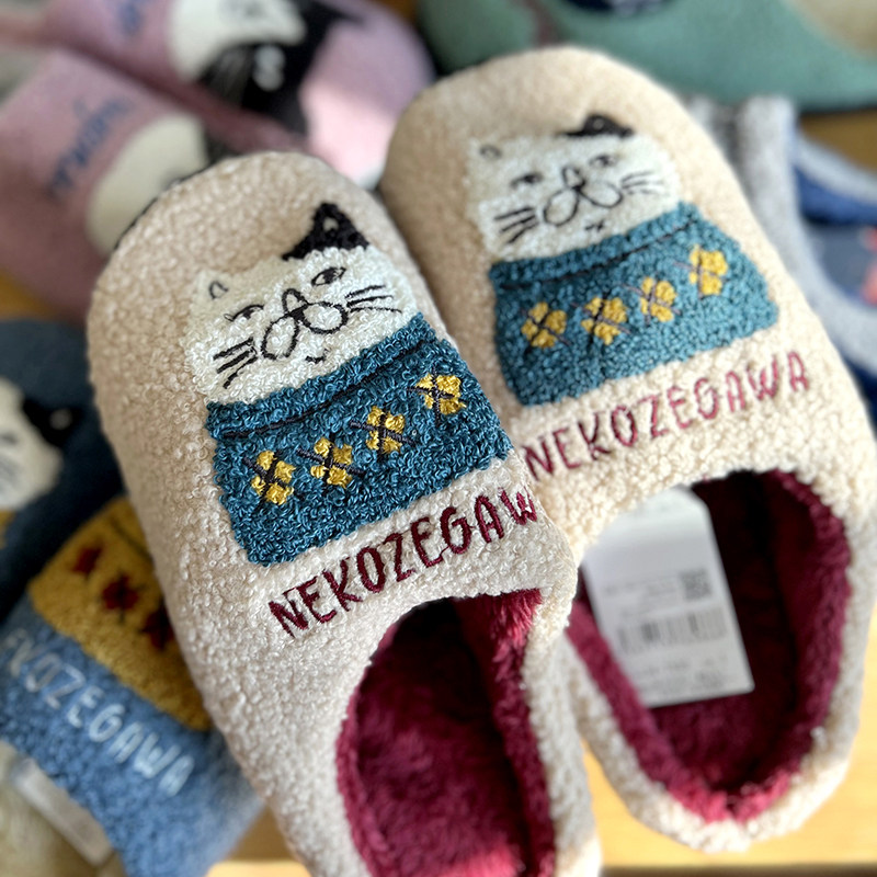 家居拖鞋出口日本正品加绒保暖猫咪刺绣地板棉鞋软底厚棉拖鞋防滑