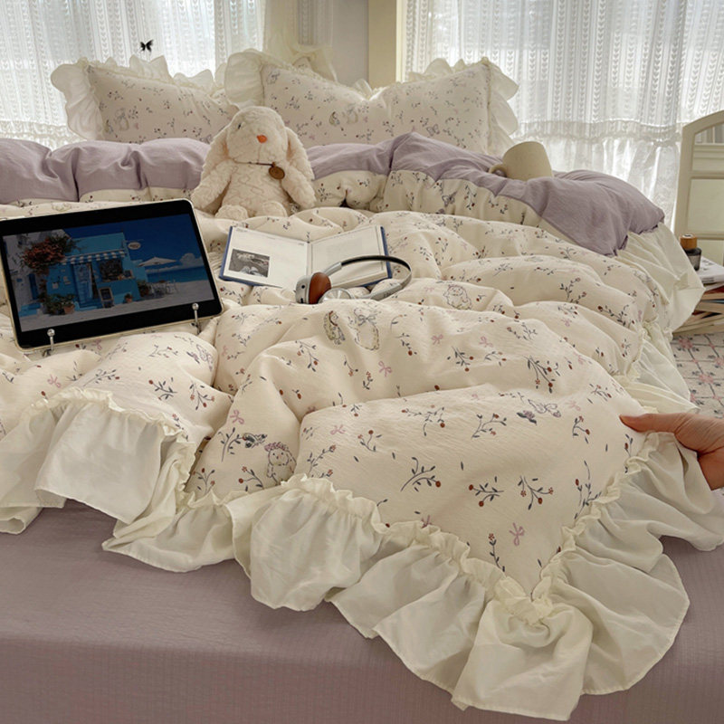 2025新款双层纱花边四件套床单人被套罩宿舍床笠三件套非全棉纯棉,床上用品,床品套件/四件套/多件套,淘宝优惠券,粉丝福利购,淘宝优惠卷