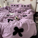 紫色少女心蝴蝶结毛巾绣水洗棉四件套非全棉纯棉被套床单三件套夏
