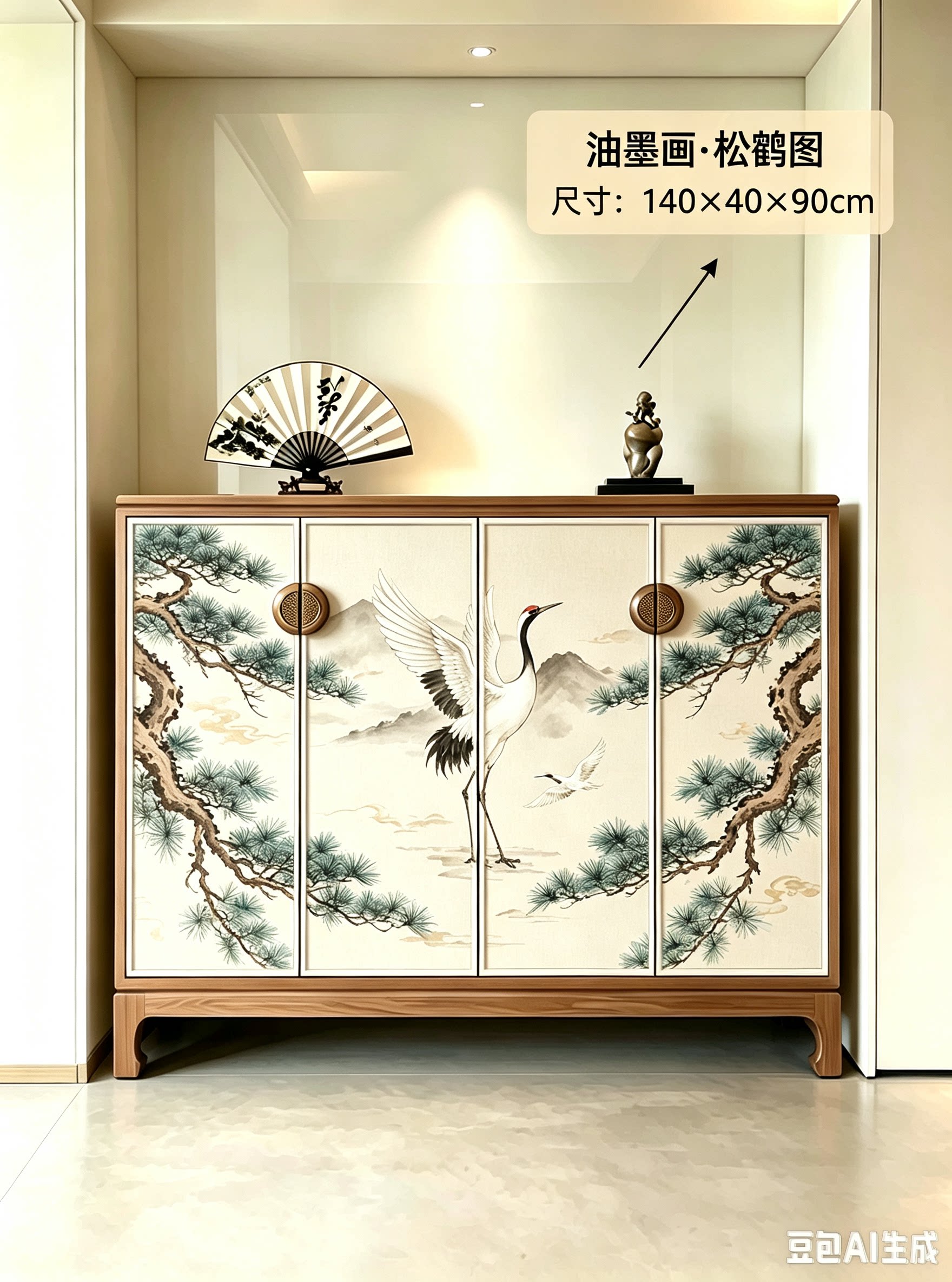 新中式彩绘实木玄关柜 水墨松鹤门厅/玄关柜/玄关架
