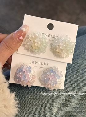 手作蓝色米珠绣球花耳钉小众球形串珠度假显脸小气质珍珠耳环女潮