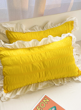 水洗棉ins黄色泡泡荷叶边枕套48*74cm一对两只装单双人纯色枕头套