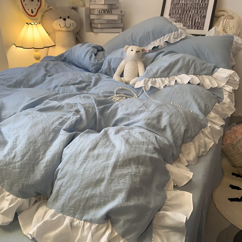 纯色简约公主风四件套水洗棉