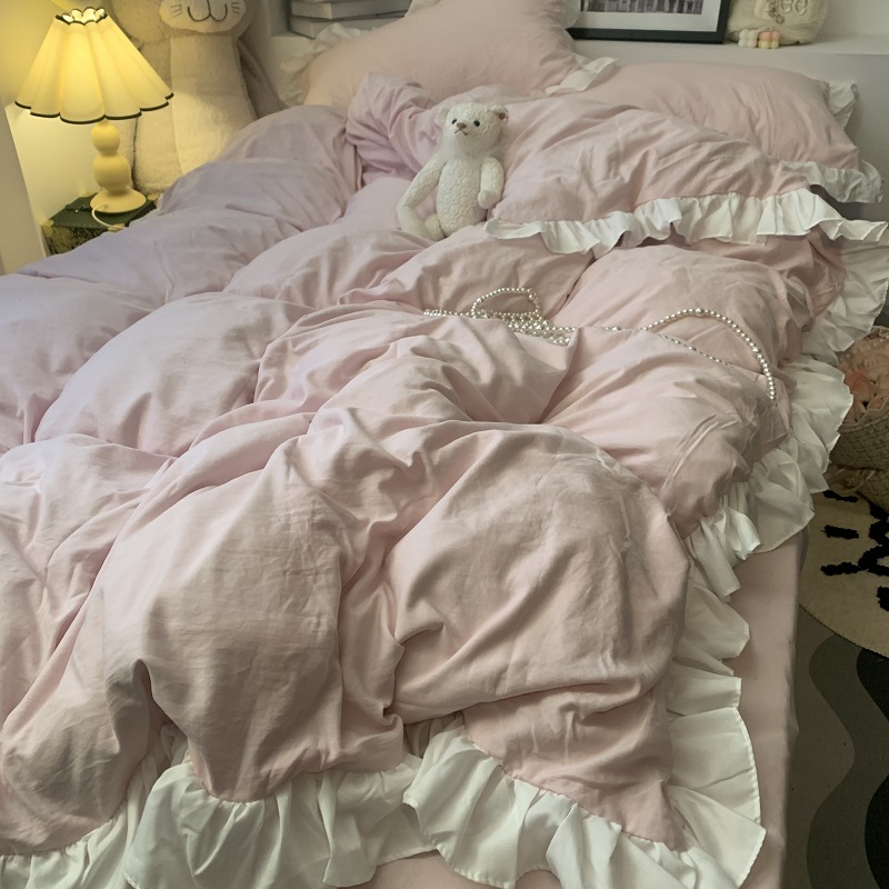 ins粉色水洗棉花边被套床上四件套公主风床裙床单学生宿舍三件套