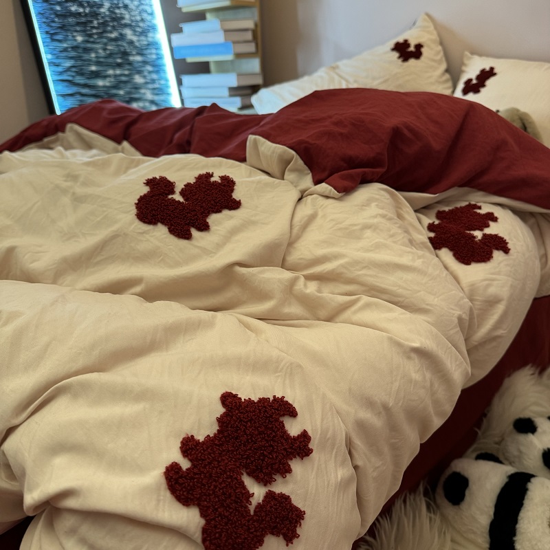 龙年限定卡通刺绣水洗棉四件套可爱ins被套1.5m1.8米红床单三件套