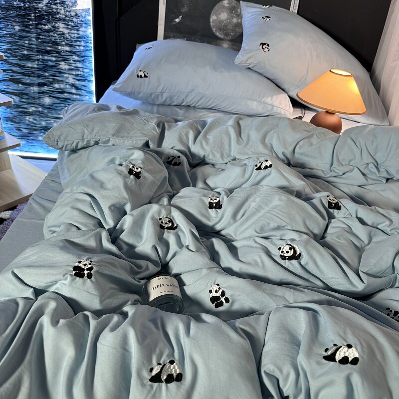 ins风可爱清新蓝色熊猫床上四件套卡通刺绣被套床单三4件套非纯棉