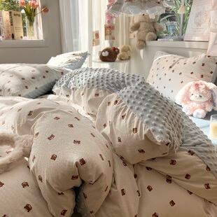 蓝色冬季保暖单面豆豆绒四件套卡通可爱小熊绒被套加厚床单三件套