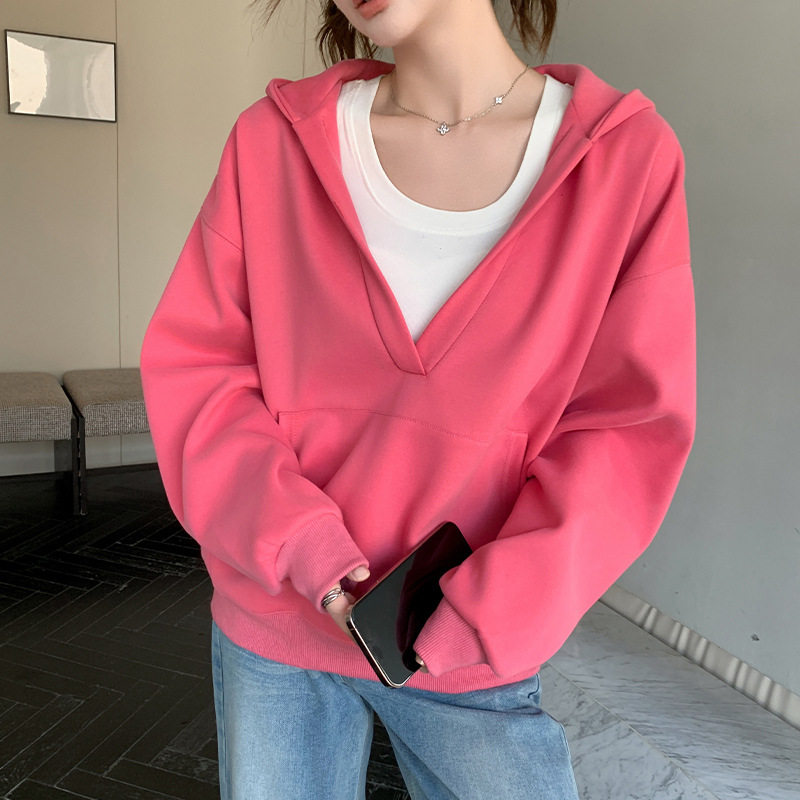 领连帽卫衣外套女秋冬百搭宽松显瘦带口袋休闲慵懒风大码开衫上衣