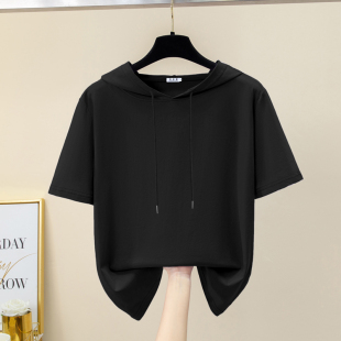 2026新款正肩连帽短袖t恤女士纯棉夏季卫衣带帽薄款黑色复古帽衫