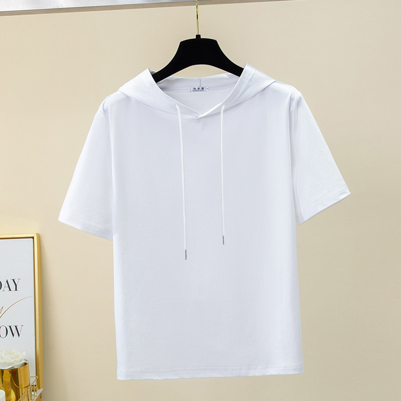 2026新款正肩连帽短袖t恤女纯棉夏季卫衣大码宽松带帽薄款高级感