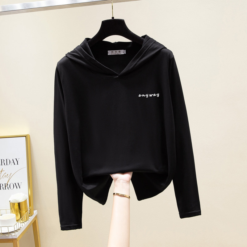 2026新款连帽长袖t恤女正肩薄款带帽卫衣春秋纯棉宽松大码上衣夏