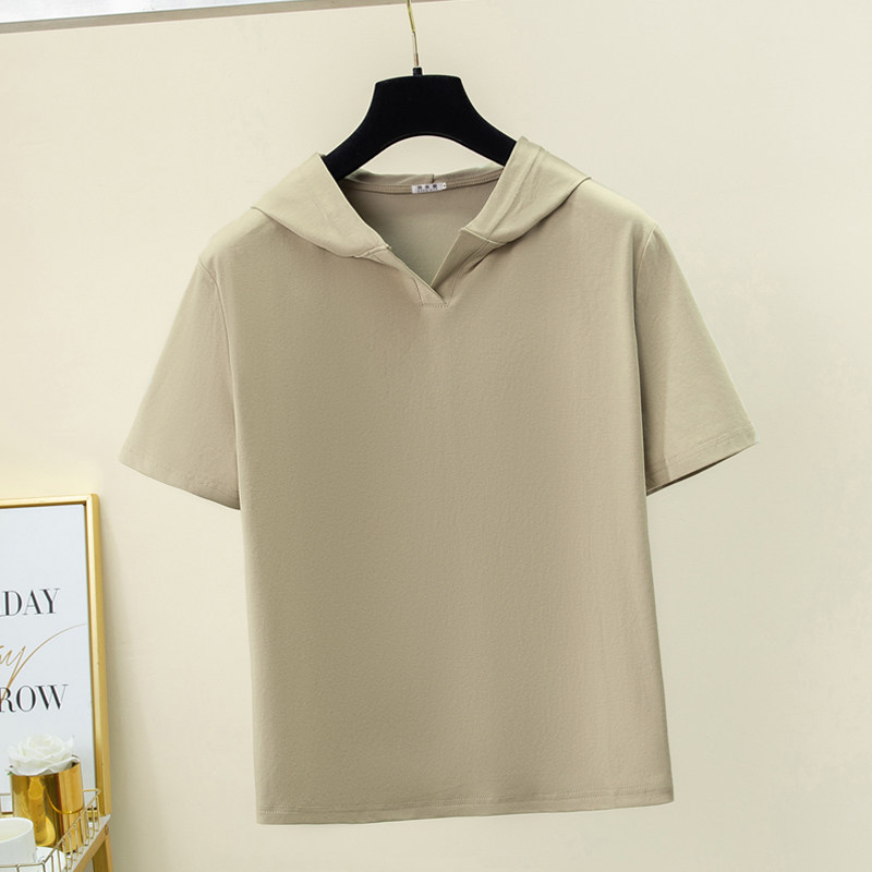 2026新款正肩开襟连帽短袖t恤女纯棉夏季卫衣大码带帽绿色薄款潮