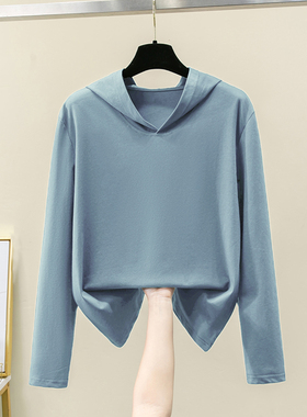 2025新款蓝色春秋连帽长袖t恤女薄款宽松大码带帽卫衣夏纯棉帽衫