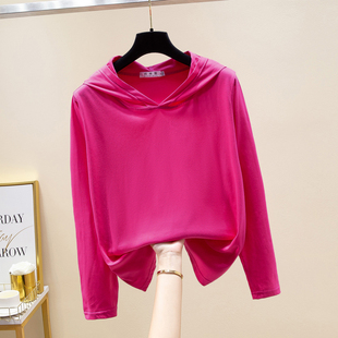 2025新款春秋卫衣t恤女长袖薄款打底宽松连帽纯棉大码休闲上衣潮