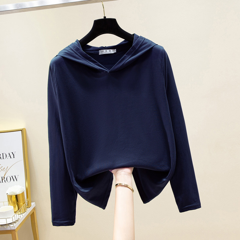 春秋季2024新款藏蓝卫衣t恤女长袖连帽纯棉夏季宽松带帽大码帽衫
