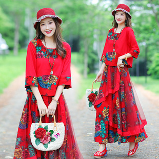 妈妈春秋夏装新款棉麻套装中老年女装民族风套装中年人洋气两件套