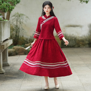 旅游民族风棉麻套装妈妈新中式国风唐装汉服两件套裙复古旗袍套装