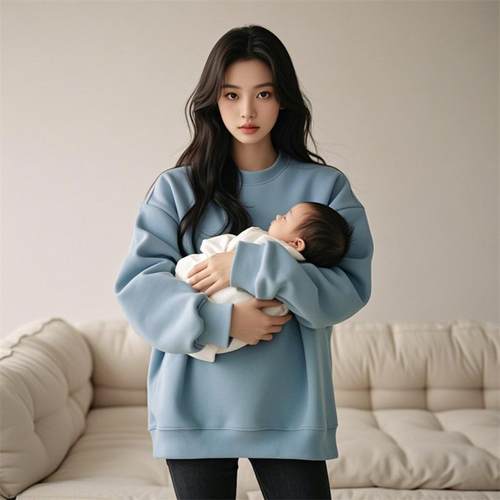 加绒加厚侧拉链哺乳期上衣服外出辣妈外穿喂奶纯棉秋冬季冬装卫衣