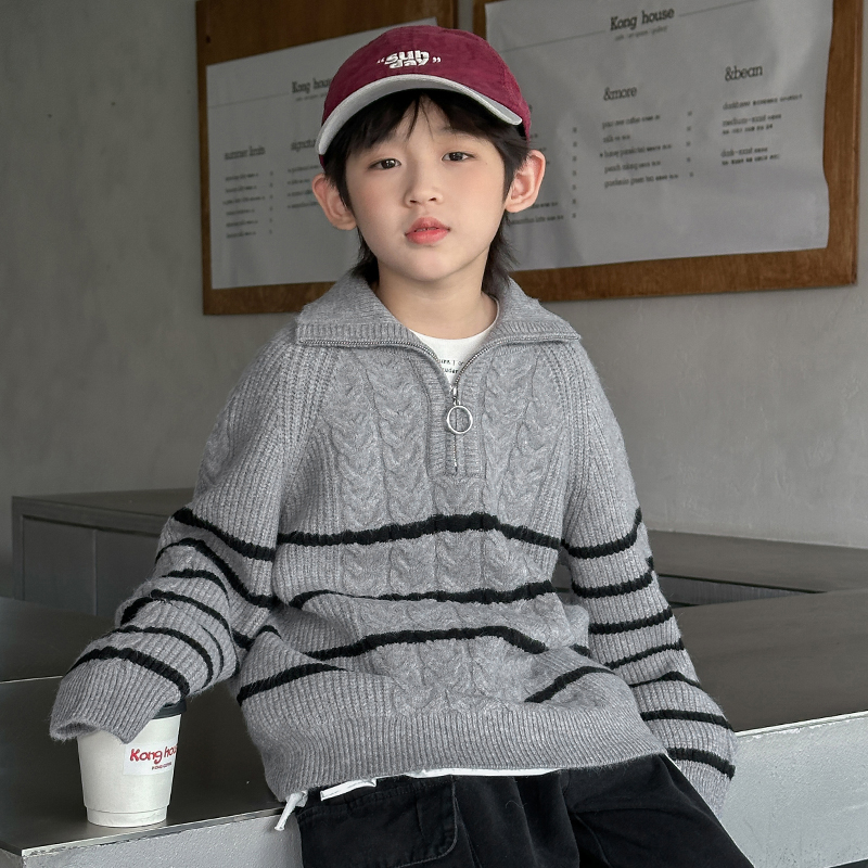 条纹拉链领毛衣男童春秋款
