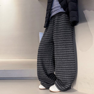 男童裤子冬2025新款今年流行爆款冬装儿童男孩加绒加厚条纹阔腿裤