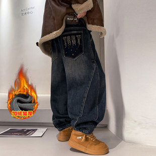 儿童加绒牛仔裤冬季2025新款男大童冬装加厚束脚裤男童裤子冬外穿