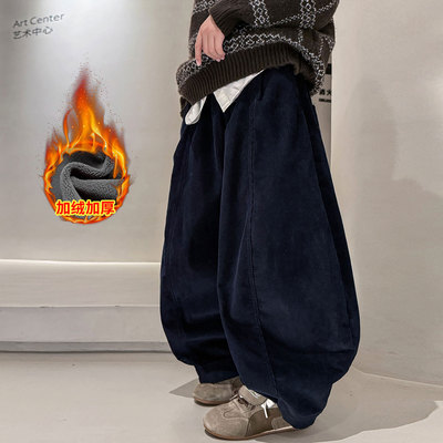 男童加绒裤子秋冬2025新款儿童一体绒加厚阔腿裤男孩痞帅风弯刀裤
