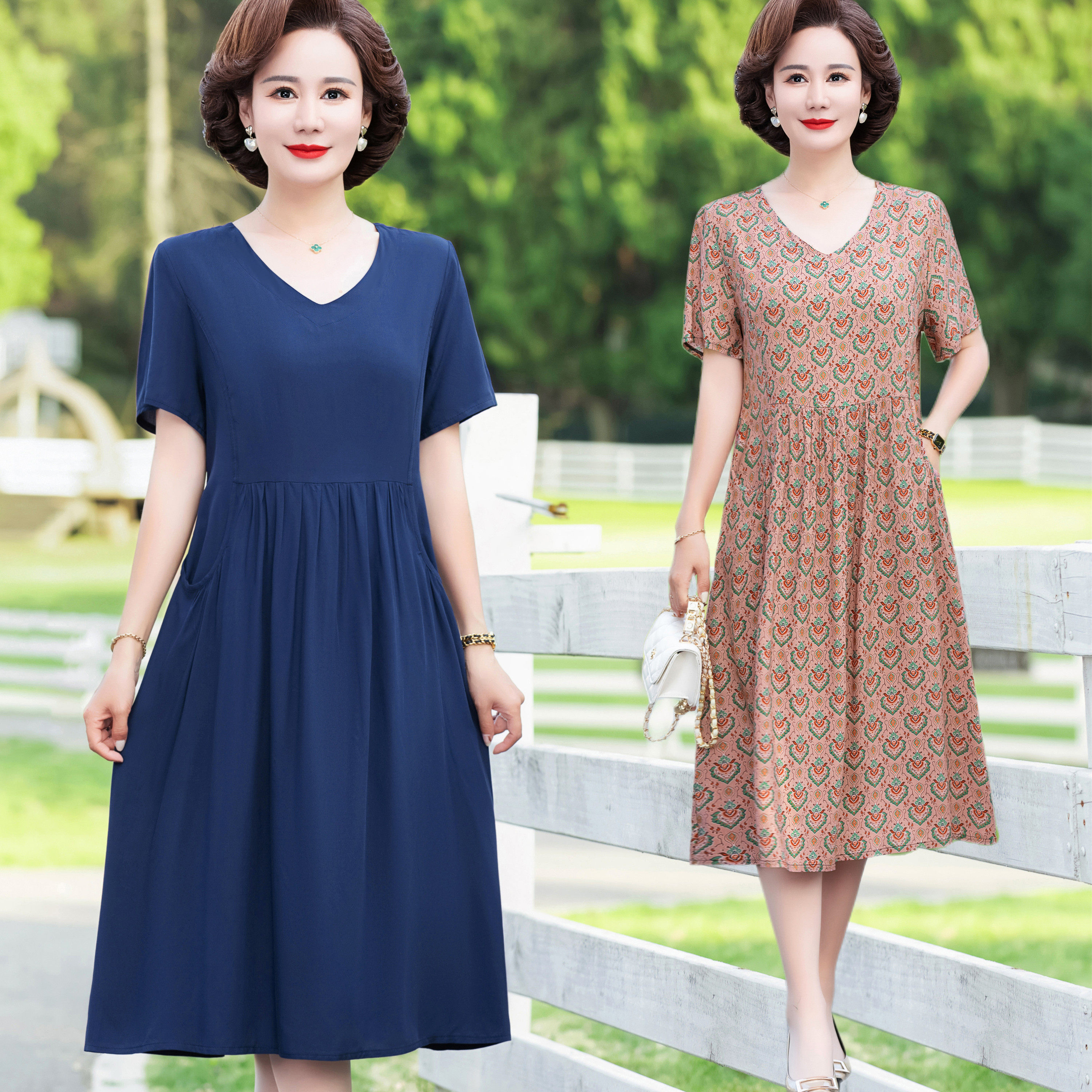 夏季中老年女士纯棉绸裙子加肥大码宽松妈妈休闲短袖人造棉连衣裙