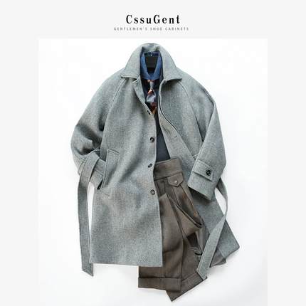 定制级绅士复古巴尔玛肯毛呢大衣男士商务经典人字纹羊毛英伦大衣