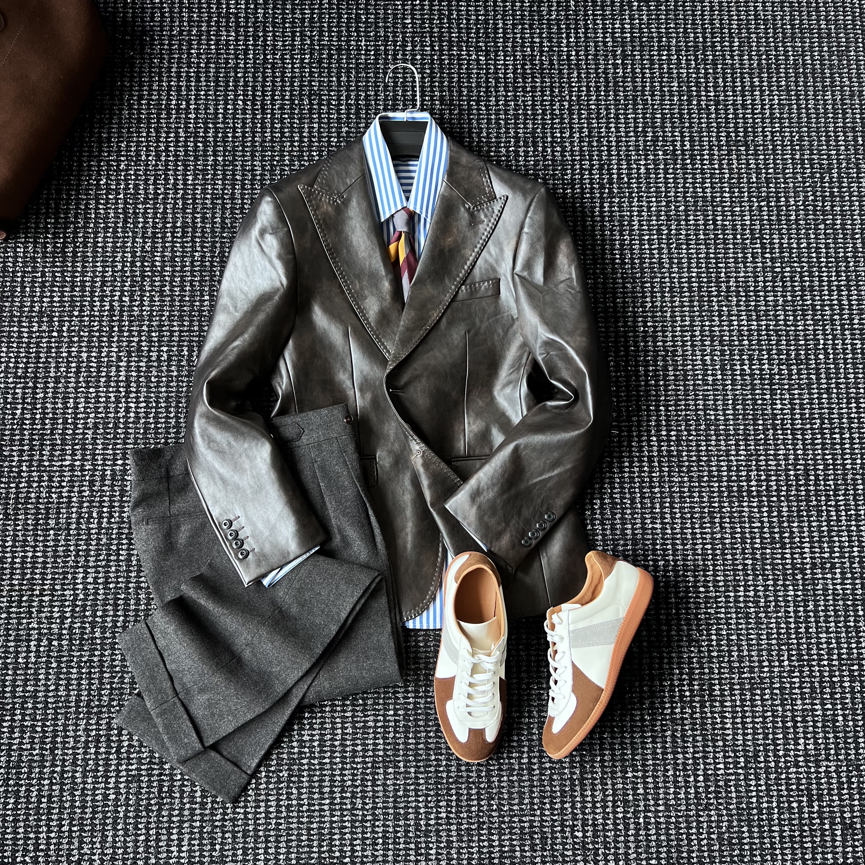 CssuGent秋冬英式复古PU皮衣双排扣西装外套雅痞绅士港风男士西服