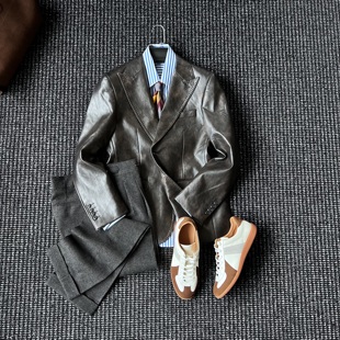 西服 外套雅痞绅士港风男士 CssuGent秋冬英式 复古PU皮衣双排扣西装