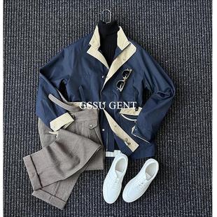 绅士优雅复古收腰撞色多口袋猎装夹克男士休闲绅士商务通勤外套潮