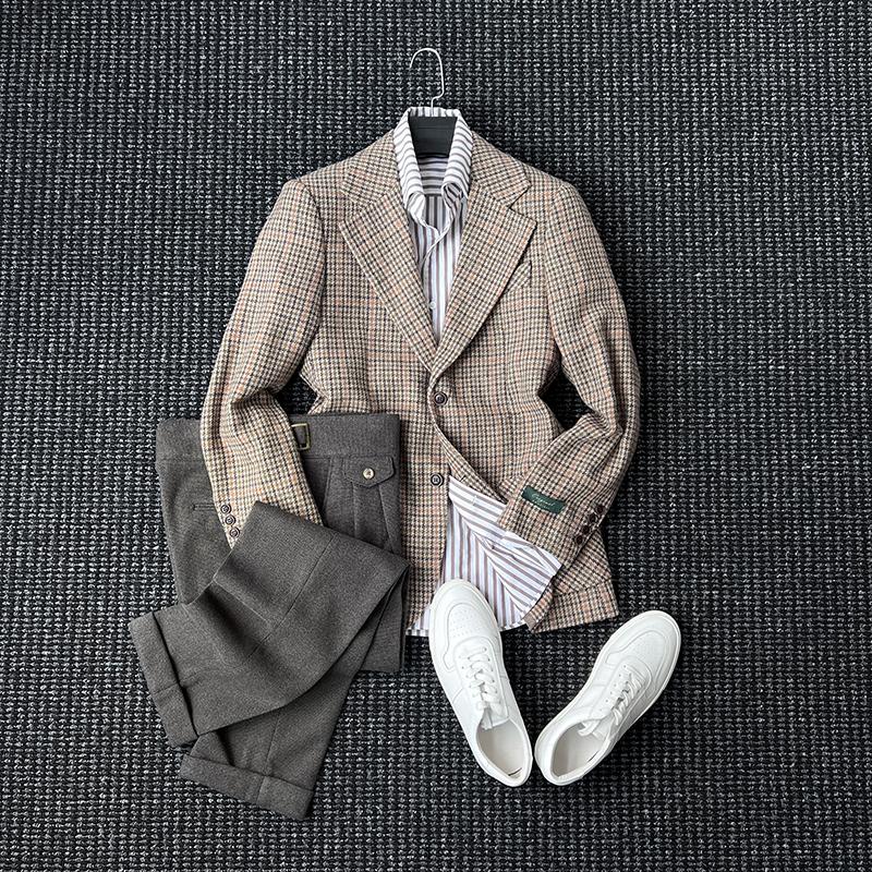 意大利进口千鸟格毛呢单排扣复古西服男士绅士休闲粗花绅装西装