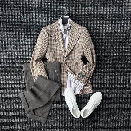 意大利进口千鸟格毛呢单排扣复古西服男士绅士休闲粗花绅装西装