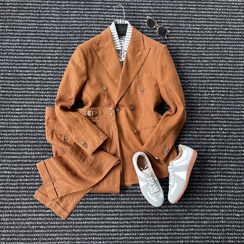 亚麻老钱风戗驳领西服男