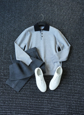 CssuGent秋冬季高密领子撞色羊毛混纺针织POLO衫男休闲韩版毛衣潮